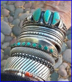 Old Style Vintage Native American Silver Green Turquoise Row Cuff Bracelet
