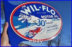Old Style Wil-flo Motor Oil & Gas Vintage Type Flange Sign Thk Steel Made In USA