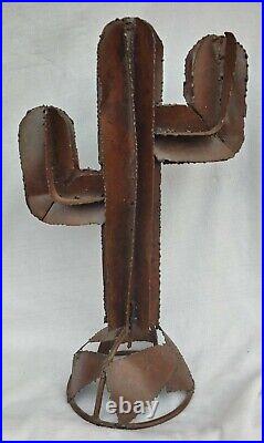 Old Vintage Brutalist Style Metal Art Torch Cut Steel Cactus Sculpture