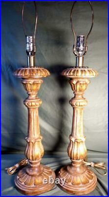 Old Vintage Carved Wood Church Pricket Style Table Lamps Set Pair of Two 2 Italy