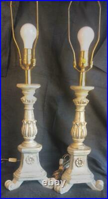 Old Vintage Carved Wood Wooden Church Pricket Style Candlesticks Lamps Pair of 2