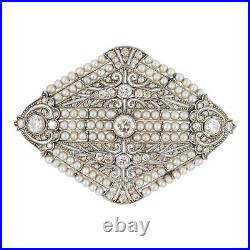 Old Vintage French Style Round Shiny Pearls With Round Cut Sparkling CZ Brooch