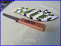 Old Vintage Green River Hand Forged Knife & Indian Style Beaded Leather Sheath