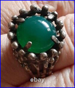 Old Vintage Sterling Silver Brutalist Style Green Onyx Gemstone Ring Size 7