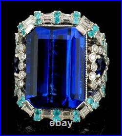 Old Vintage Style Rectangle Dark Blue Sapphire Praiba Tourmaline & White CZ Ring