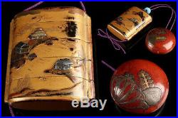 Old style Inro Japanese Makie Wooden Lacquer antique vintage netsuke