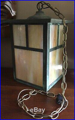 Outside Porch Vintage Hanging Swagl Lamp Light Stained Glass Mission Style Old
