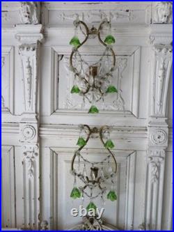 PAIR Old Vintage Beaded SCONCES CANDLEHOLDERS Murano Glass Flower Bell Drops