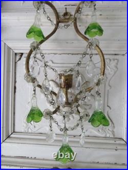 PAIR Old Vintage Beaded SCONCES CANDLEHOLDERS Murano Glass Flower Bell Drops