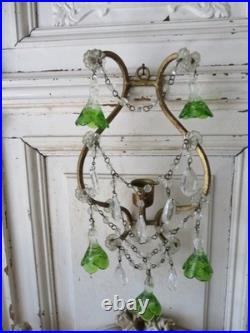 PAIR Old Vintage Beaded SCONCES CANDLEHOLDERS Murano Glass Flower Bell Drops