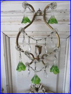 PAIR Old Vintage Beaded SCONCES CANDLEHOLDERS Murano Glass Flower Bell Drops