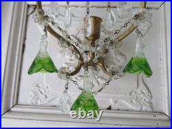 PAIR Old Vintage Beaded SCONCES CANDLEHOLDERS Murano Glass Flower Bell Drops