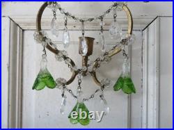 PAIR Old Vintage Beaded SCONCES CANDLEHOLDERS Murano Glass Flower Bell Drops