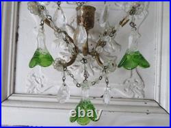 PAIR Old Vintage Beaded SCONCES CANDLEHOLDERS Murano Glass Flower Bell Drops