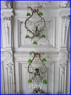 PAIR Old Vintage Beaded SCONCES CANDLEHOLDERS Murano Glass Flower Bell Drops