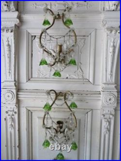 PAIR Old Vintage Beaded SCONCES CANDLEHOLDERS Murano Glass Flower Bell Drops