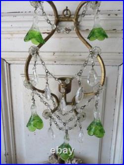 PAIR Old Vintage Beaded SCONCES CANDLEHOLDERS Murano Glass Flower Bell Drops
