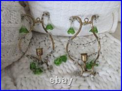 PAIR Old Vintage Beaded SCONCES CANDLEHOLDERS Murano Glass Flower Bell Drops