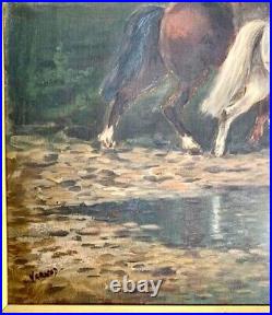 Painting Traveler with Horses Old World Style Vintage Art Oil on Canvas Signed