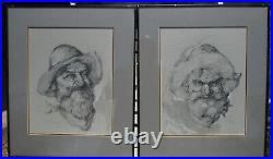 Pair Fine Vintage Old Master Style Pen & Watercolor Portrait Paintings Drawings