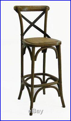 Pair Oak Bar Stool Wood Iron and Rattan Cane Seat Old Vintage Style Chairs