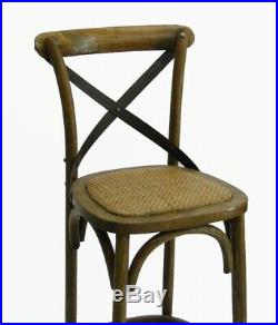 Pair Oak Bar Stool Wood Iron and Rattan Cane Seat Old Vintage Style Chairs