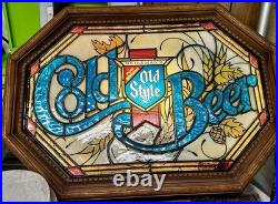 RARE Vintage Old Style COLD BEER Faux Stained Glass Bar Lighted Sign Heilleman's