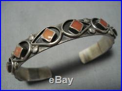 Rare Vintage Navajo Dishta Style Coral Inlay Sterling Silver Bracelet Old