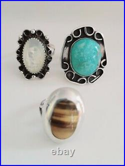 Ring Lot of 8 Sterling Vintage Retro Navjo Turquoise Old Pawn Southwest Style