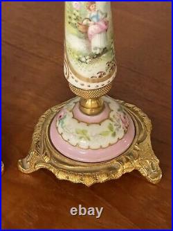 SEVRES STYLE VINTAGE OLD FRENCH PORCELAIN And BRONZE PAIR OF CANDLESTICKS