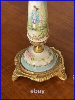SEVRES STYLE VINTAGE OLD FRENCH PORCELAIN And BRONZE PAIR OF CANDLESTICKS