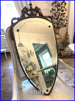 Shabby antique vintage mirror shield etched old wood gesso deco style