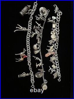 Three Sterling Charm Bracelets With 26 Vintage Charms Old West Style/european