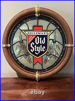 VTG 1988 Heileman's OLD STYLE Beer Faux Stained Glass Porthole Bar Light Sign