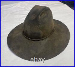 Very Old Vintage Suede LEATHER HAT DARK BROWN COWBOY, INDIANA JONES STYLE As Is