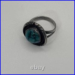 Vintage 70s Navajo Sterling Silver Turquoise Ring Women 7.5 Old Pawn Style 8g