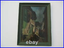 Vintage Antique Urban Oil Painting American Regionalism Wpa Style Old House Home