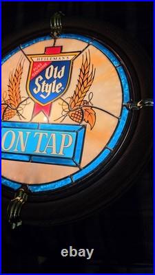 Vintage Bar Light Old Style Beer On Tap Sign Faux Stained Glass/ Good Condit