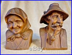 Vintage Carved Wooden Old Man and Woman Black Forest Style Bookends Innsbruck