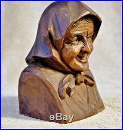 Vintage Carved Wooden Old Man and Woman Black Forest Style Bookends Innsbruck