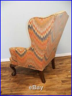 Vintage Chippendale Style Large Wing Back Chair Carved Claw Foot worn old Fabric