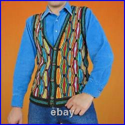 Vintage Coogi Style 3D Geometric Vest Cardigan Abstract Chunky Knit Rainbow 90s