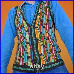 Vintage Coogi Style 3D Geometric Vest Cardigan Abstract Chunky Knit Rainbow 90s