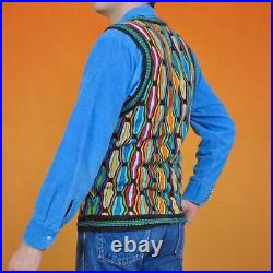 Vintage Coogi Style 3D Geometric Vest Cardigan Abstract Chunky Knit Rainbow 90s