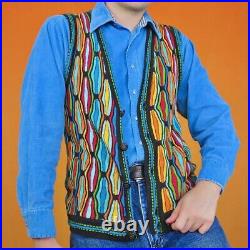 Vintage Coogi Style 3D Geometric Vest Cardigan Abstract Chunky Knit Rainbow 90s