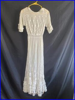 Vintage Edwardian Style Lace Ruffle Tea Party Dress Old Sheer Fine Detail