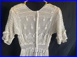 Vintage Edwardian Style Lace Ruffle Tea Party Dress Old Sheer Fine Detail