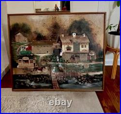 Vintage Folk Art Painting Olde Bucks County Style Signed Christine Framed 48