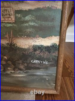 Vintage Folk Art Painting Olde Bucks County Style Signed Christine Framed 48
