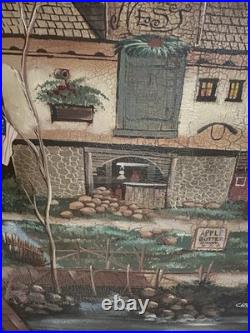 Vintage Folk Art Painting Olde Bucks County Style Signed Christine Framed 48